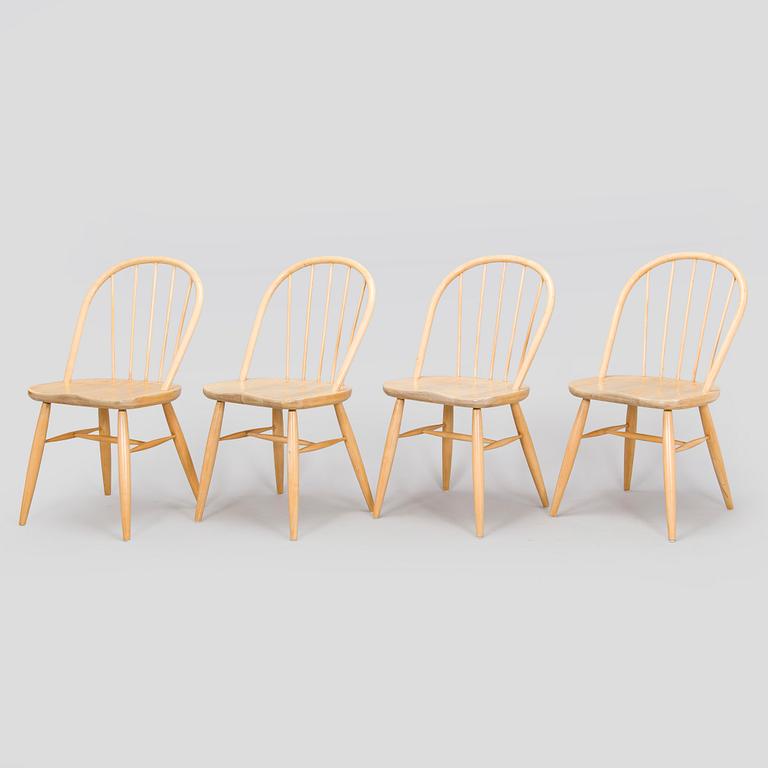 Carl Gustaf Hiort af Ornäs, four mid-20th century spindle chairs for Huonekalutehdas Oy, Ekwall Ab, Pori, Finland.