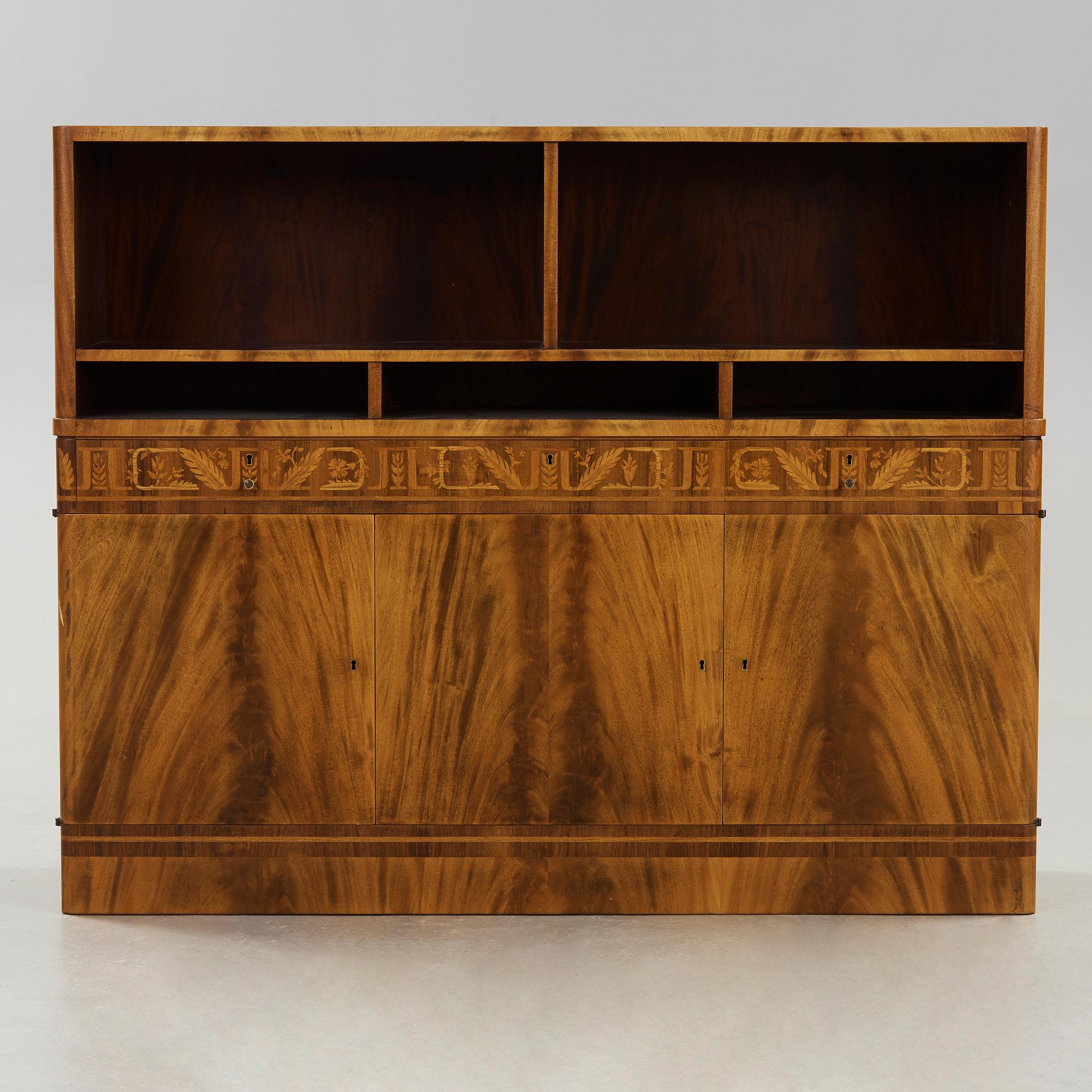 CARL MALMSTEN, bokhylla, valnöt med intarsia, Åtvidabergs Industrier ca 1934.