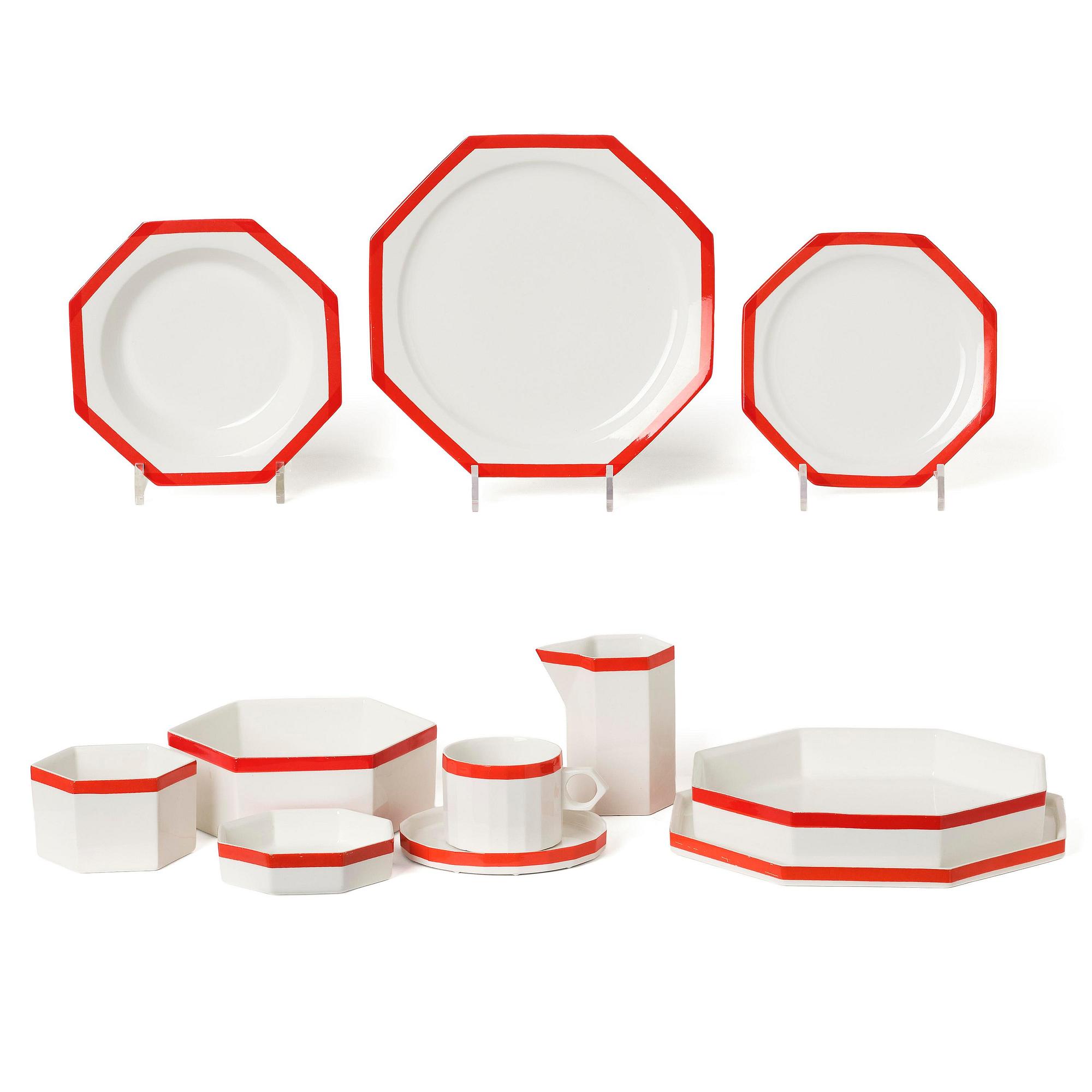 Karin Björquist, a 76-piece “Röd kant” bone china dinner service, Gustavsberg, post 1968.