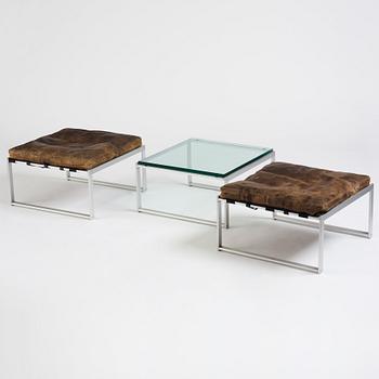 Jørgen Høj, a set with two stools and a glass top table, edtion Niels Vitsoe, early 1960s.
