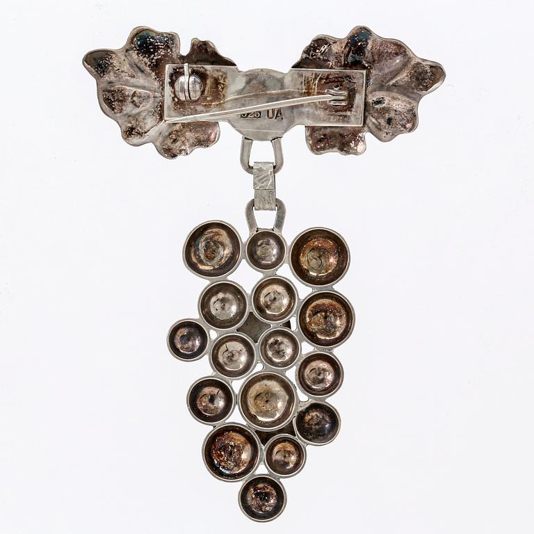 2 pendants with chains, 1 brooch, 1 ring, silver, rodochrosite, aventurine, metall, lilac drop probably glass, 4 pieces.