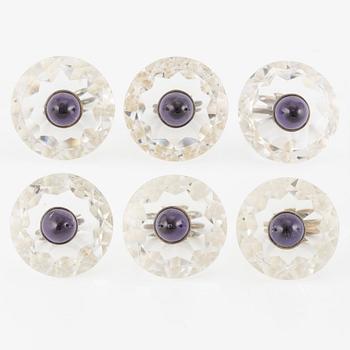 Buttons, 6 pcs, silver with faceted rock crystal and cabochon-cut amethysts.