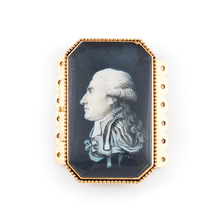 Miniatureportrait dated 1788 in gold lock for necklaces, 14 K gold. Probably France.