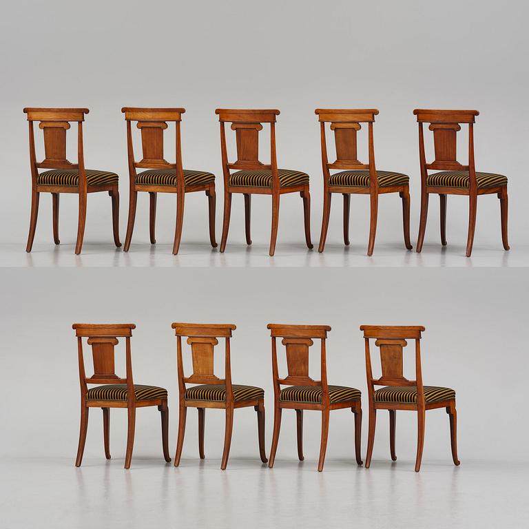 A set of nine Charles X mahogny dining chairs.