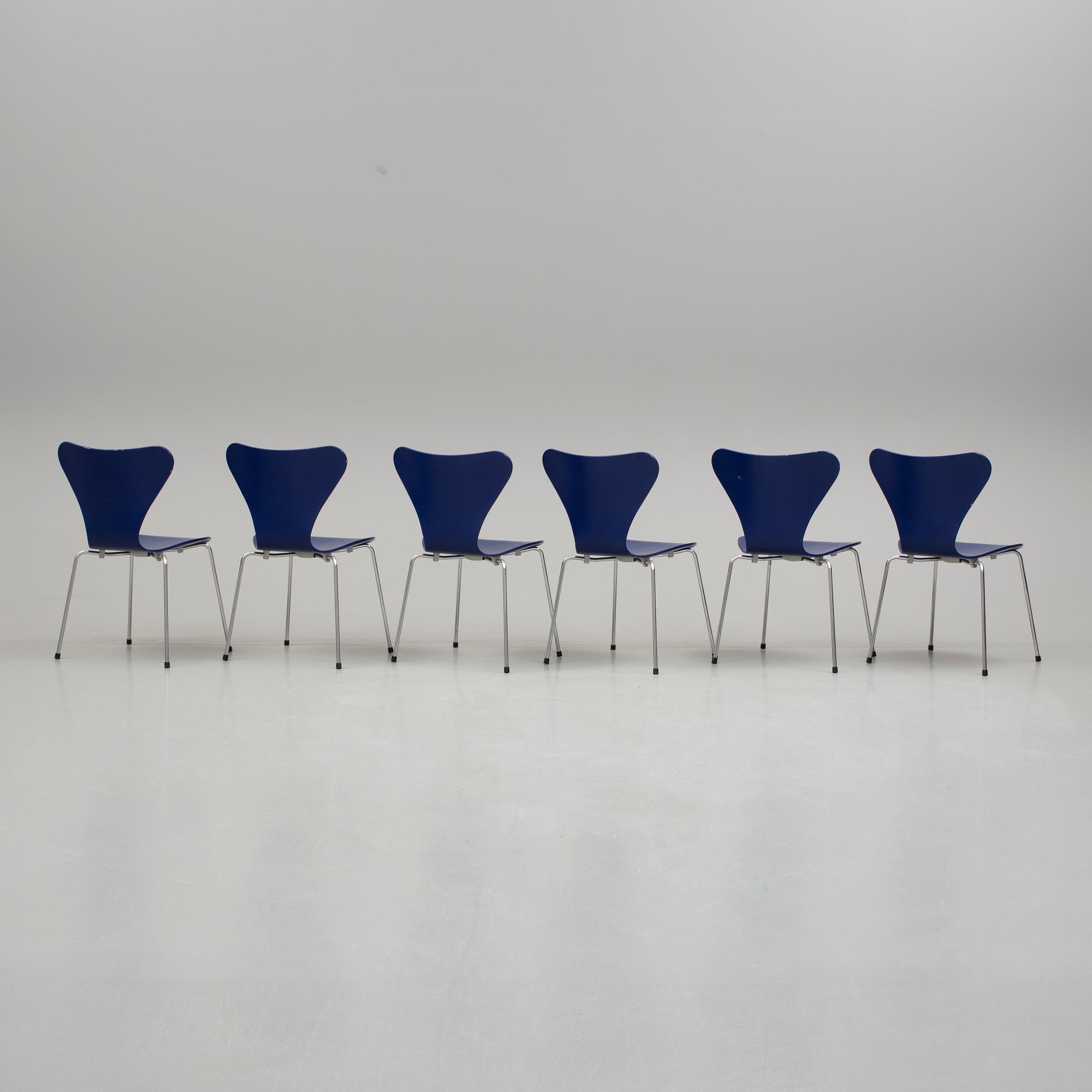 ARNE JACOBSEN, stolar, "Sjuan", 6 stycken, Fritz Hansen, 1900/2000-tal.