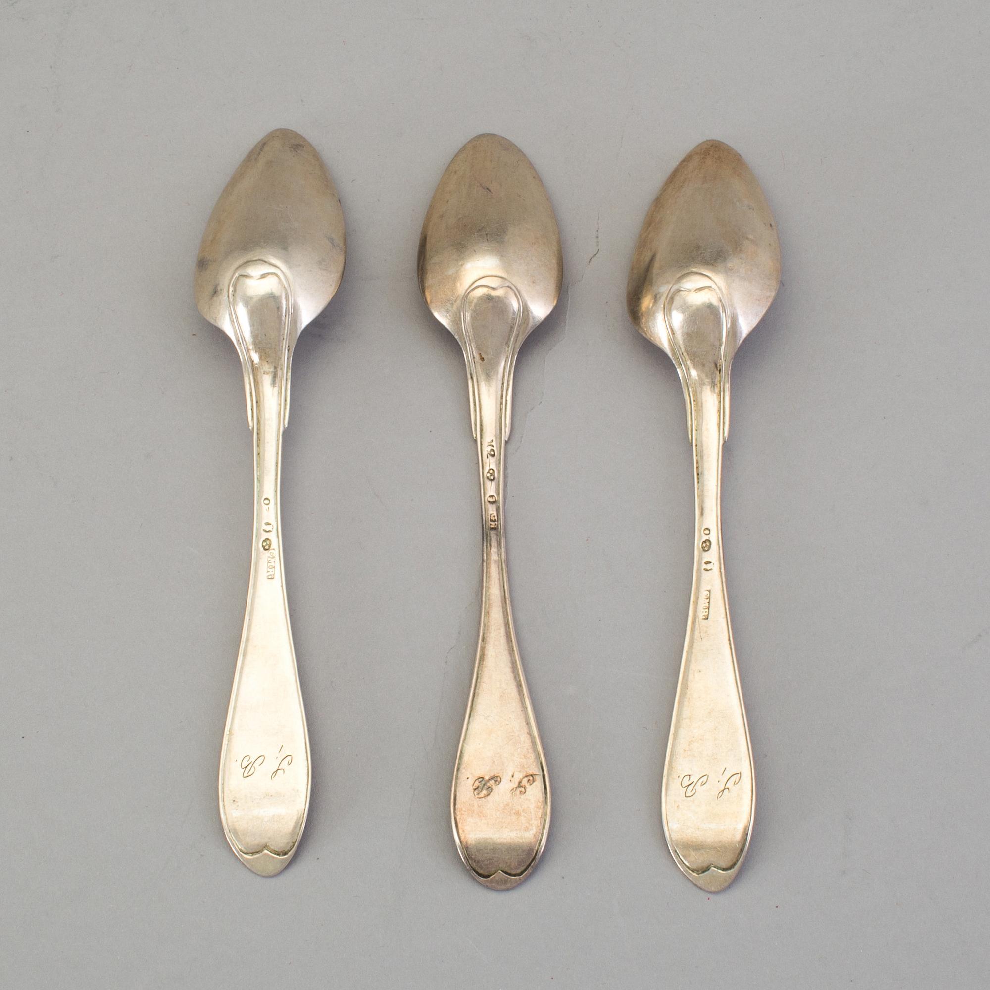 A set of six Swedish 19th century silver dinner-spoons, mark of Johan Carlssons widow, Norrkoping 1836.