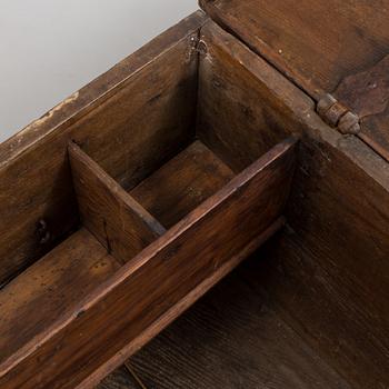 A large 17/17th century baroque oak chest with wrought iron fittings.