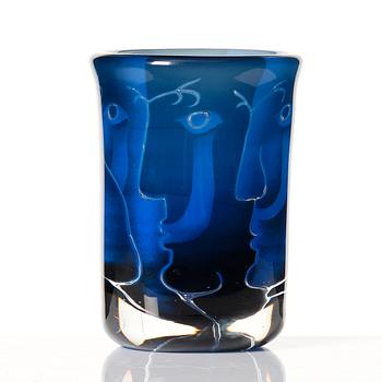 Ingeborg Lundin, a blue ariel glass vase 'Ansikten' (Faces), Orrefors, Sweden 1974.