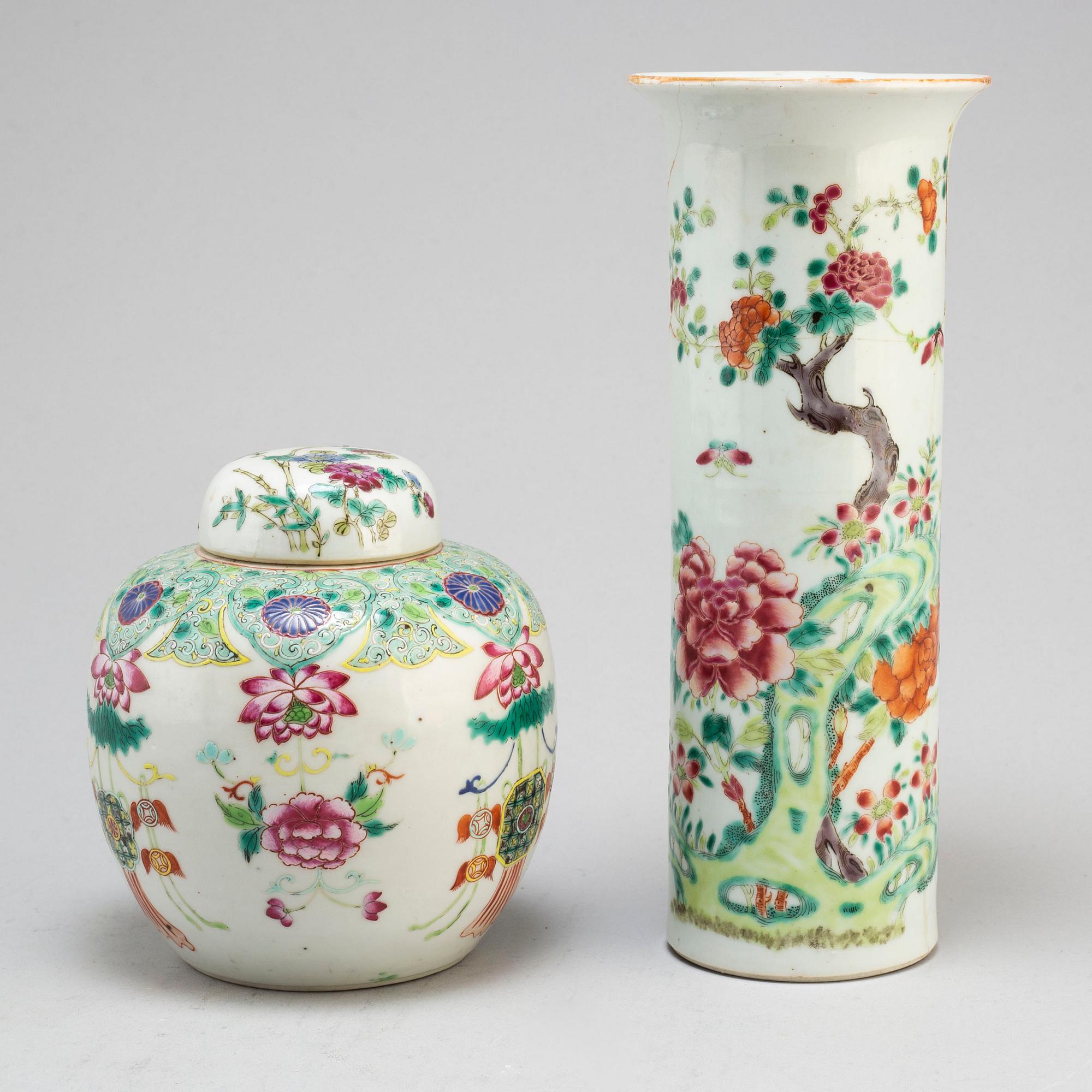 A famille rose trumpet vase, a jar with cover, Qing dynasty, 18th century.