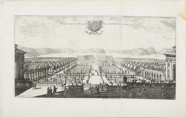 GRAVYRER, 5 st. Ur Suecia antiqua et Hodierna. Ur originalutgåvan, 1700-talets början. Föreställande Rosersbergs slott.