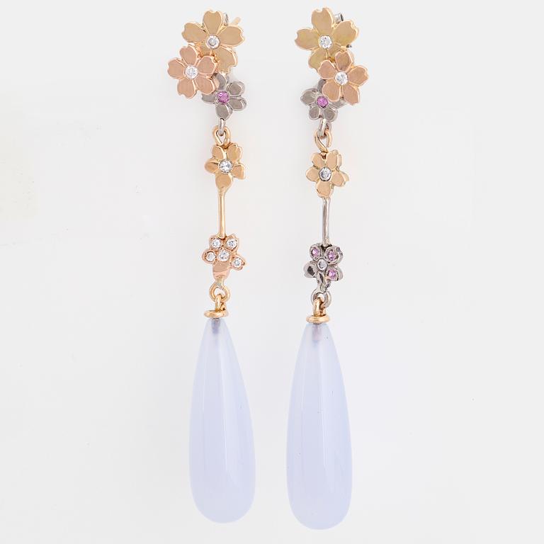 Blue chalcedony drop, pink sapphire and brilliant-cut diamond earrings.