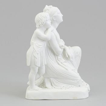 A bisquit scultpure of 'A mother and her son' after Bertel Thorvaldsen, Bing & Gröndahl, Denmark, 1870's.