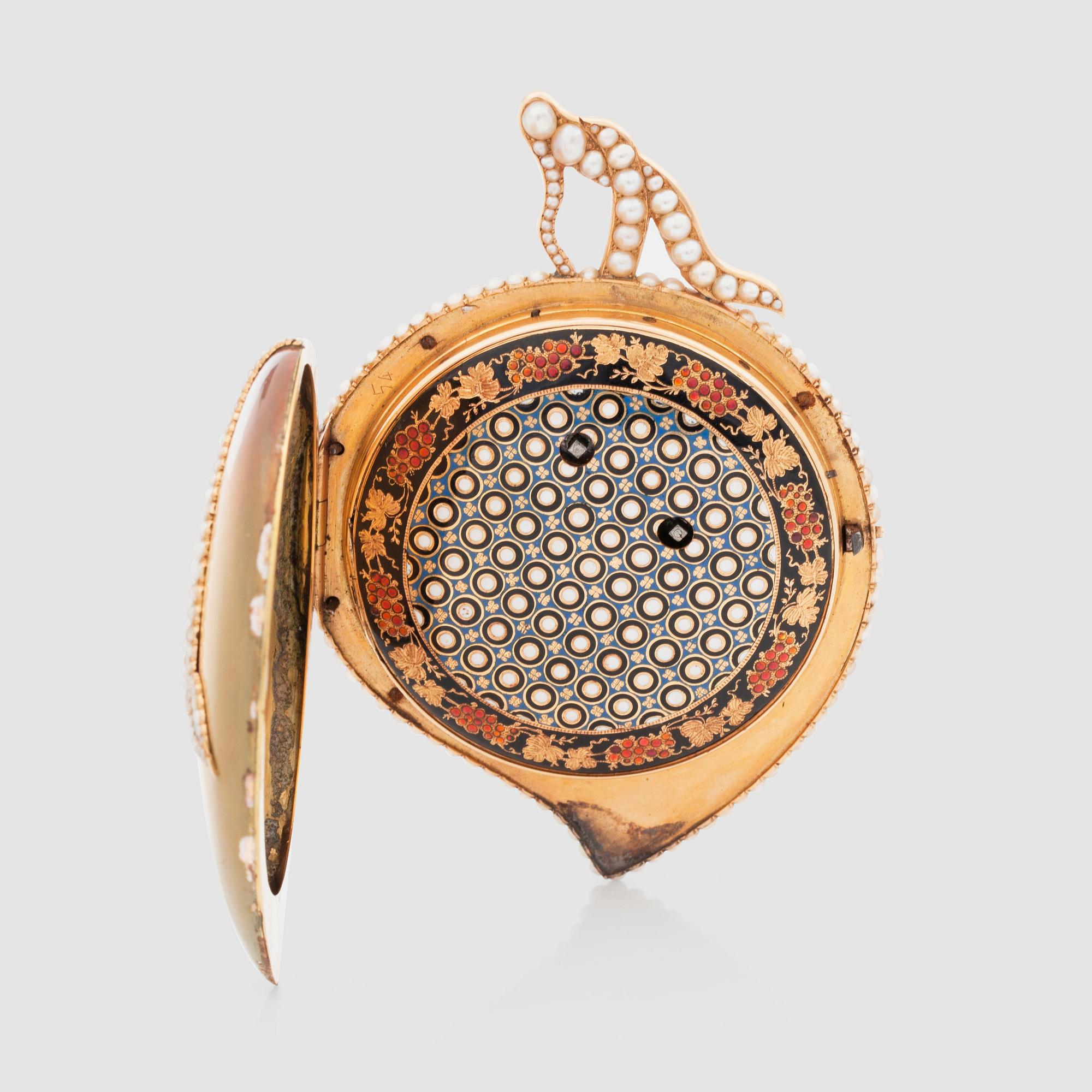 An Ilbery, London, pocket watch in the shape of a peach. Made for the Chinese market.