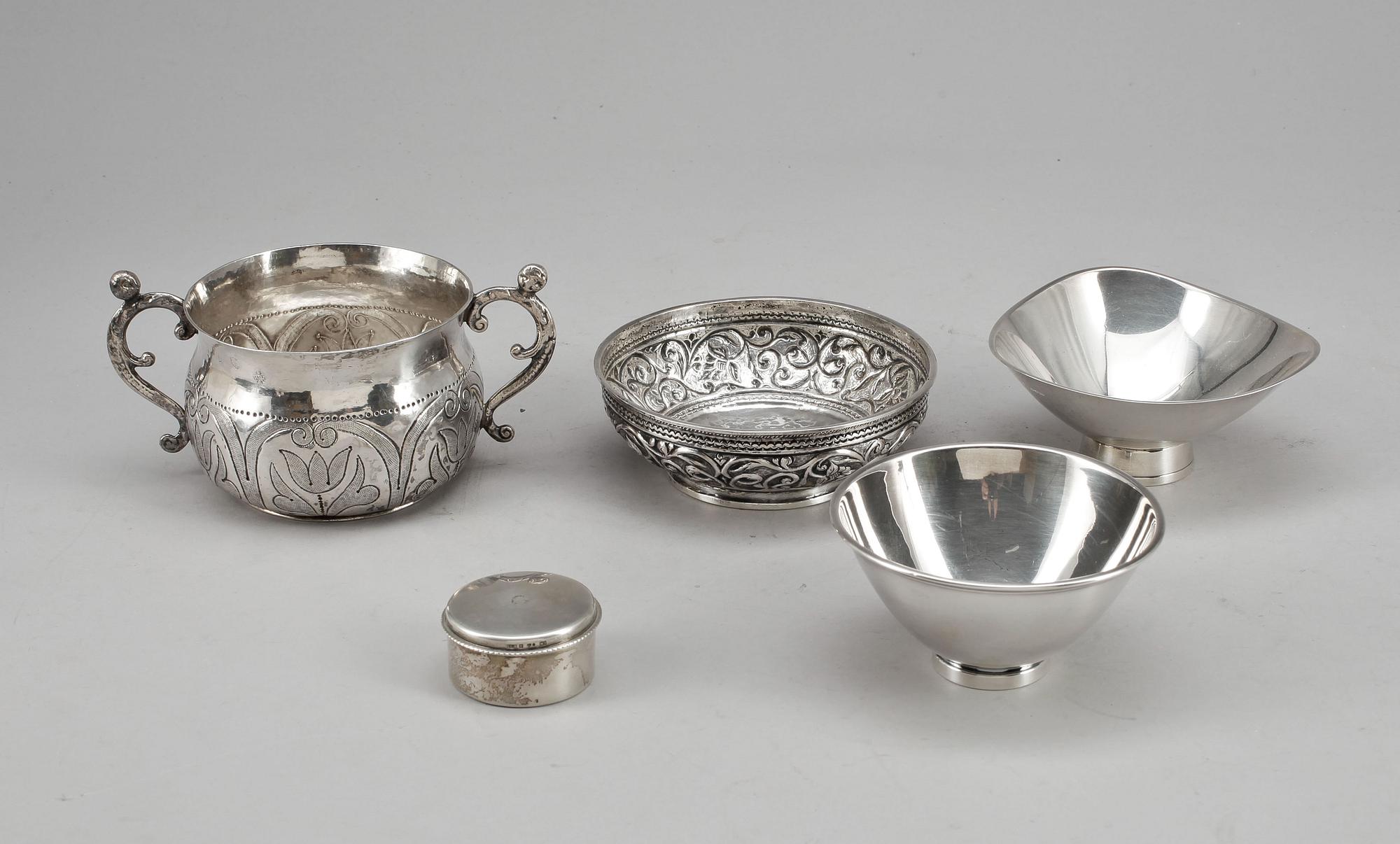 PARTI SILVER, 5 delar, bl a Gustav Jansson, C.G. Hallberg, Stockholm 1958. Total vikt ca 501 gram.