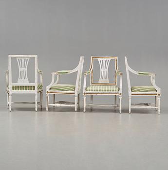 Four Gustavian late 18th century armchairs.