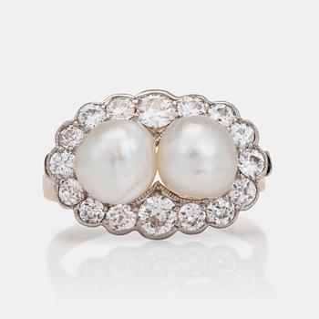 1008. A probably natural saltwater pearl and old-cut diamond ring.