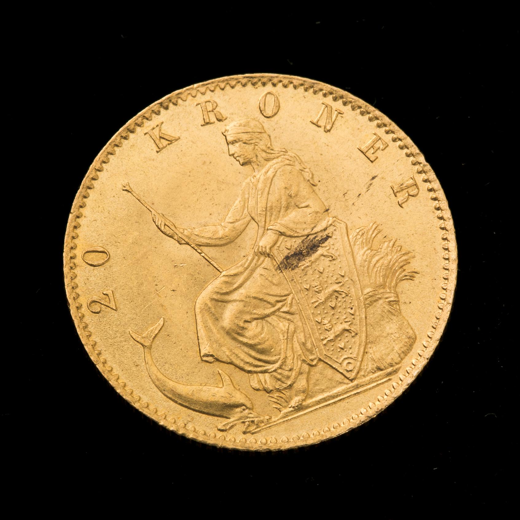 GULDMYNT, 20 kroner, Christian IX, Danmark, 1873. Vikt ca 9 gram.