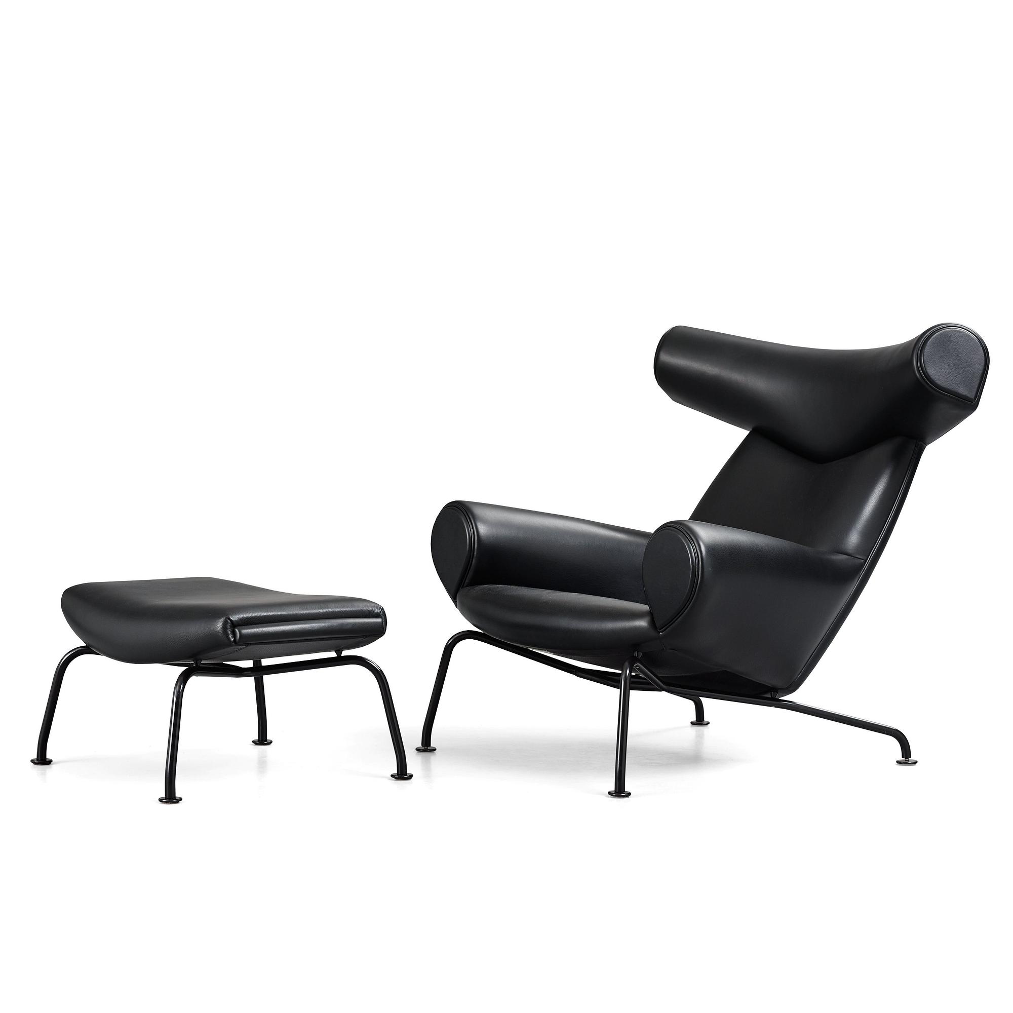 Hans J. Wegner, "Ox Chair", EJ-100, fåtölj samt fotpall, Erik Jørgensen, Danmark, efter 1961.