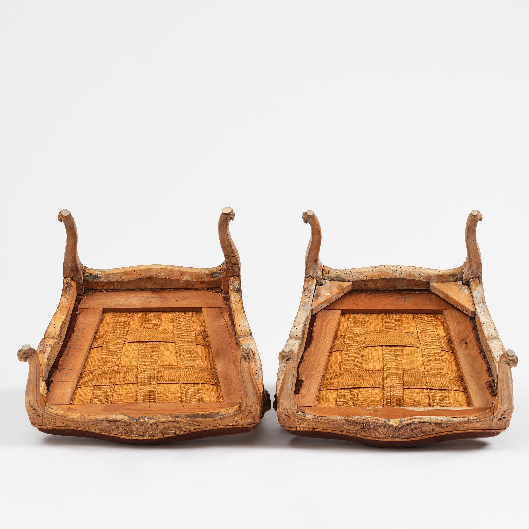 A pair of rococo fauteuils, Stockholm, later part 18th century.