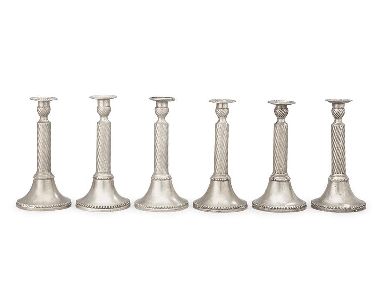 A set of six Gustavian pewter candlesticks by E. P. Krietz, master 1753.