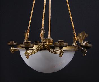 LJUSAMPEL, gulmetall och glas, jugend, tidigt 1900-tal. H 80.