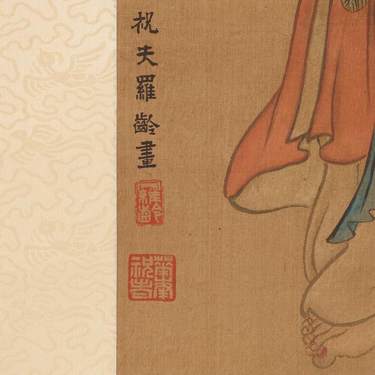 A hanging scroll, ink and colour on silk, Qing dynasty (1644-1912), signed Luo Ling.