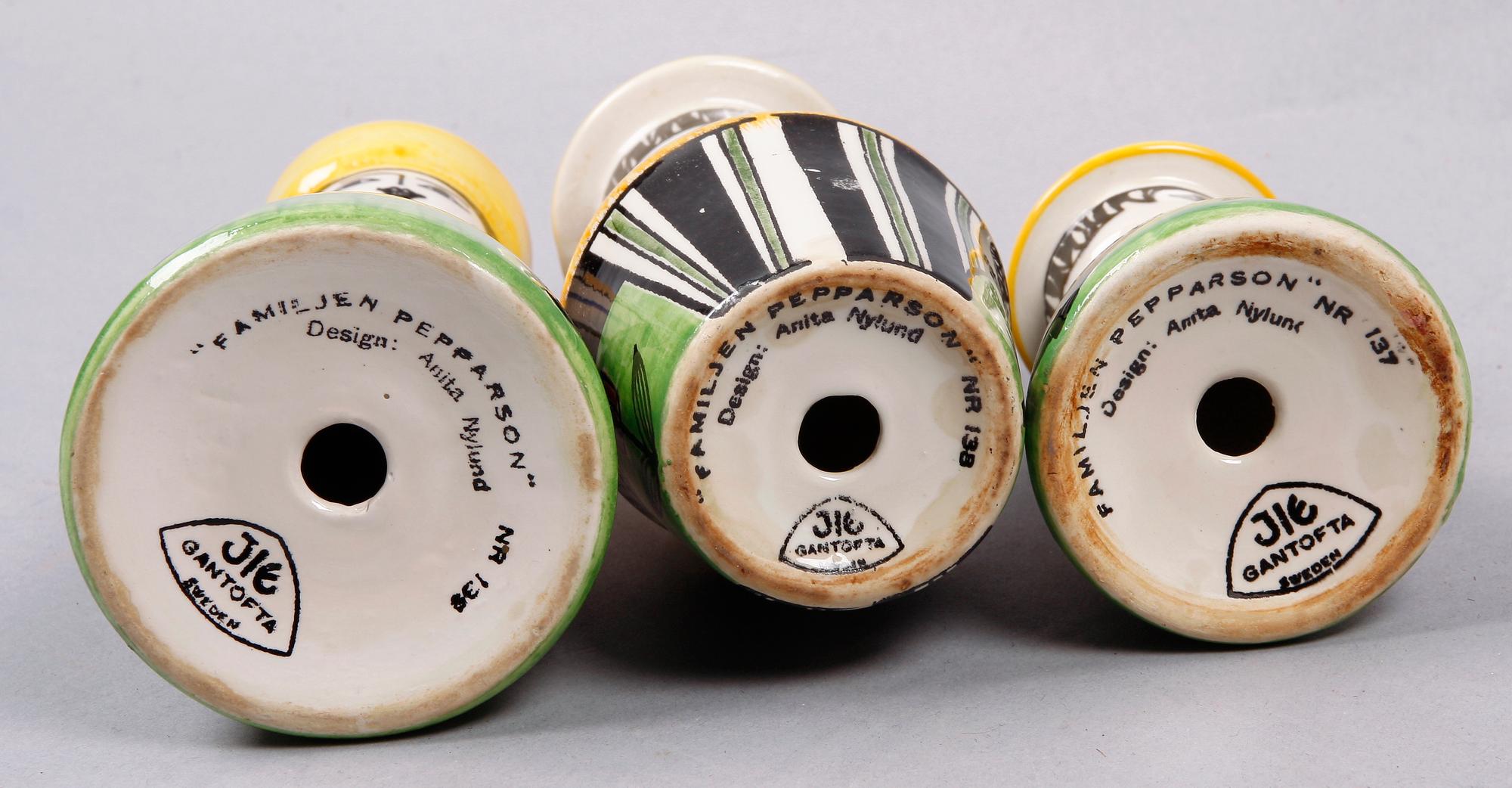 STRÖARE, 3 st, flintgods, "Familjen Pepparsson" Anita Nylund, Jie.