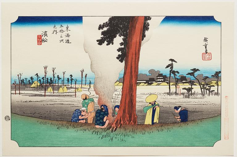 ANDO HIROSHIGE, senare avdrag, mapp, "The fifty-three stations on the tokaido", utgiven av Kata Hanga Kenkyujo.