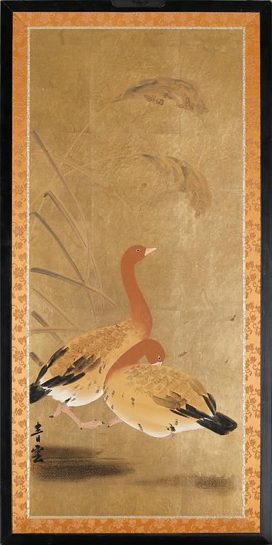 Three paintings from Japan, so called Byobu, 20th century, two signed.