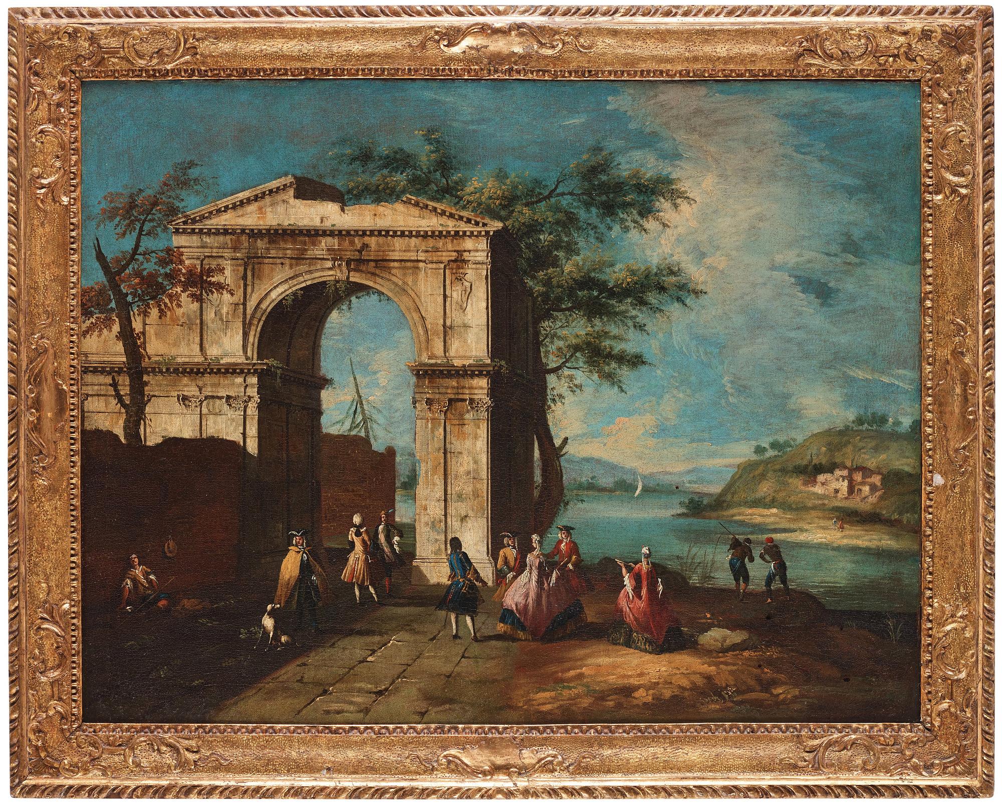 Francesco Albotto Attributed to, Elegant figures amongst classical ruins.