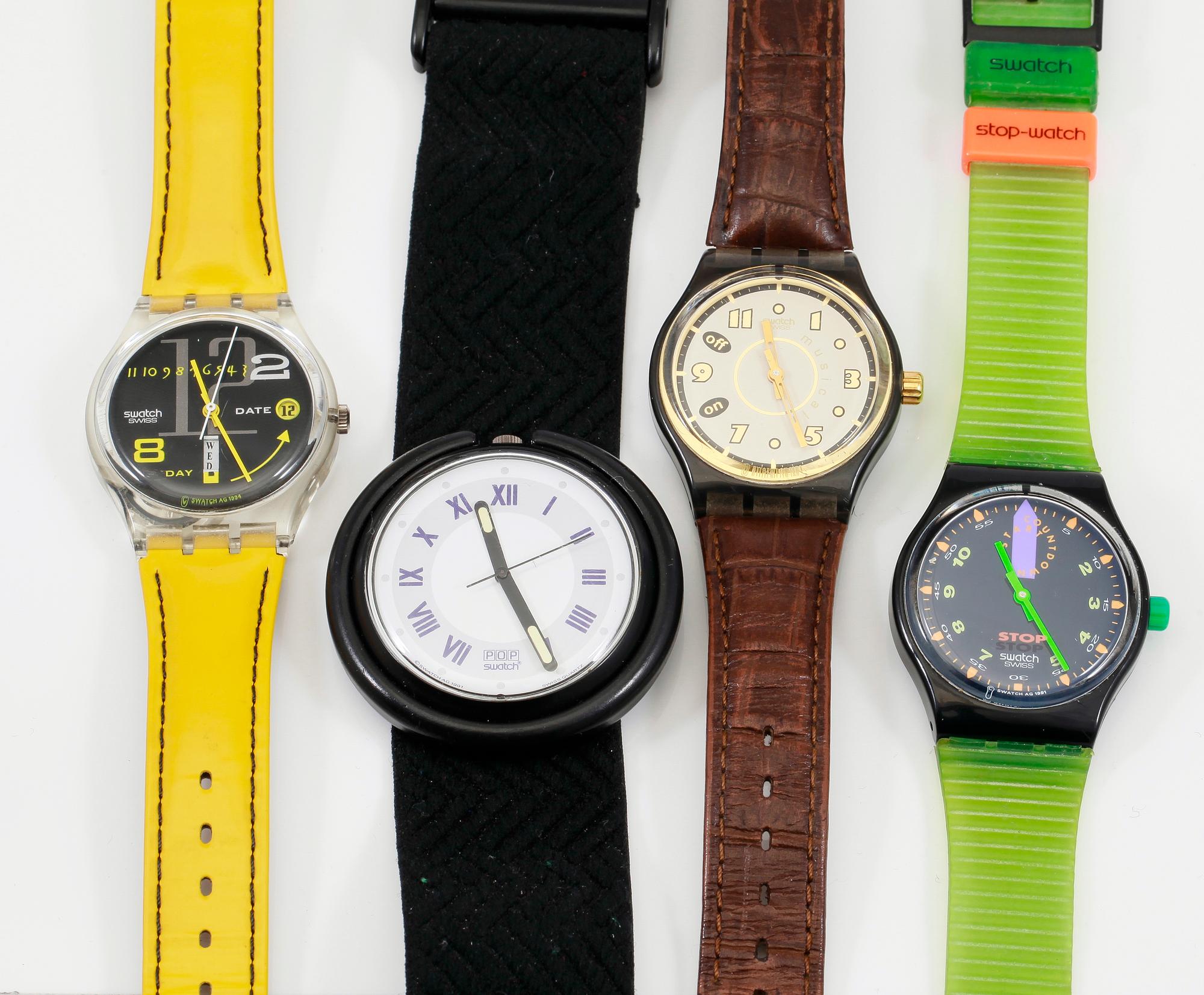 ARMBANDSUR, 4 st, plast, Swatch, 1900-talets andra hälft.