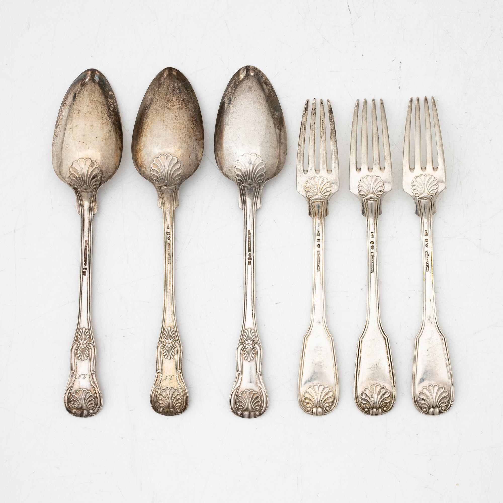 Three silver spoons and three silver forks, Firma Gustaf Möllenborg, 1859.