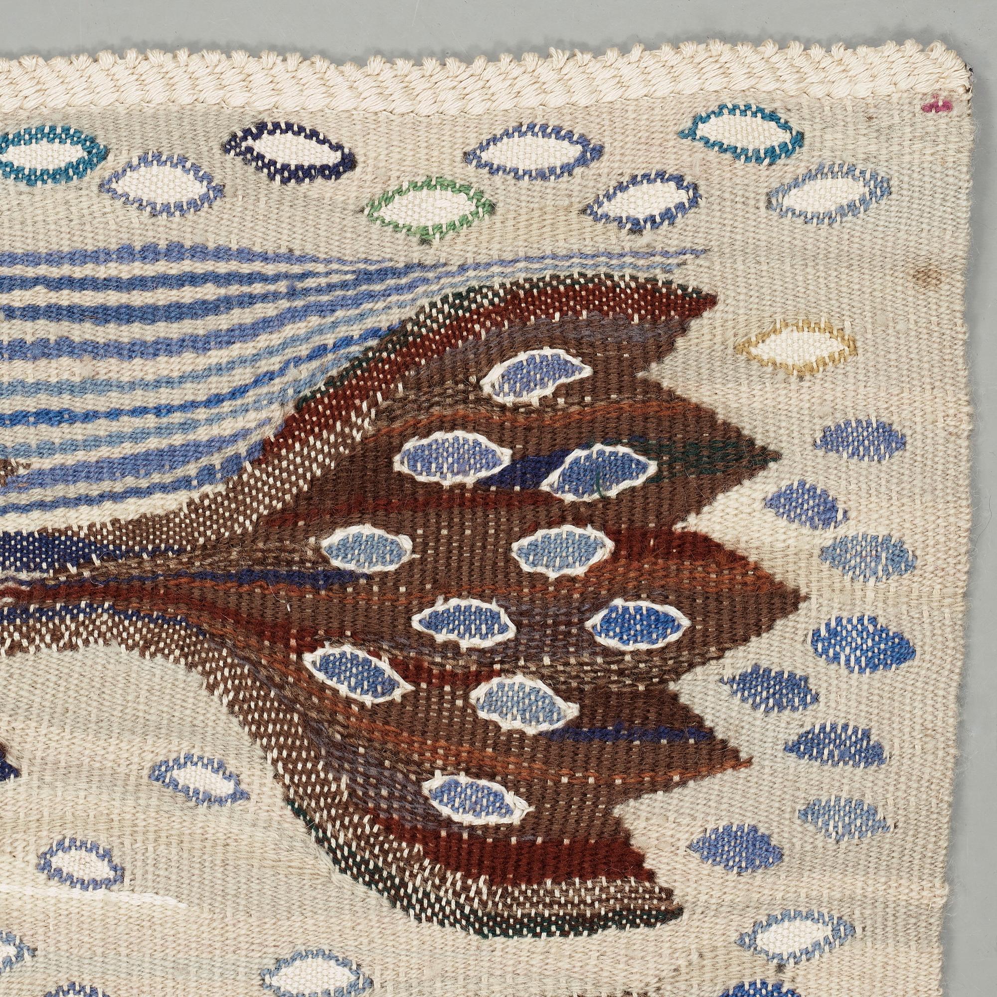 Ann-Mari Lindbom, gift Forsberg, TEXTILE. "Blå crocus". Tapestry variant. 58,3 x 94,5 cm. Signed AB MMF AML.