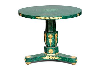 7. AN EMPIRE STYLE MALACHITE TABLE.