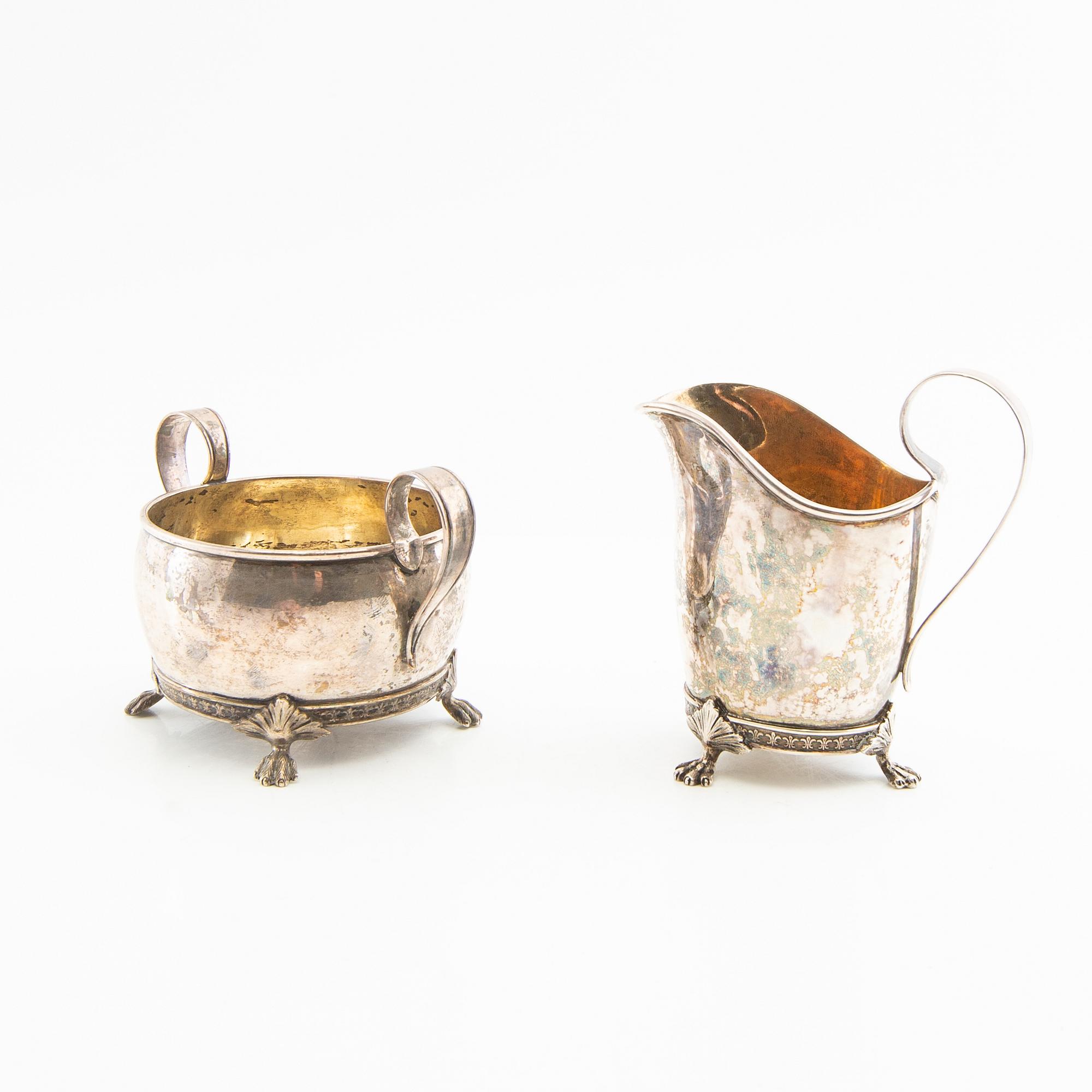Cream jug and sugar bowl, Gustavian style silver Möllenborg Stockholm 1895 and 1918.