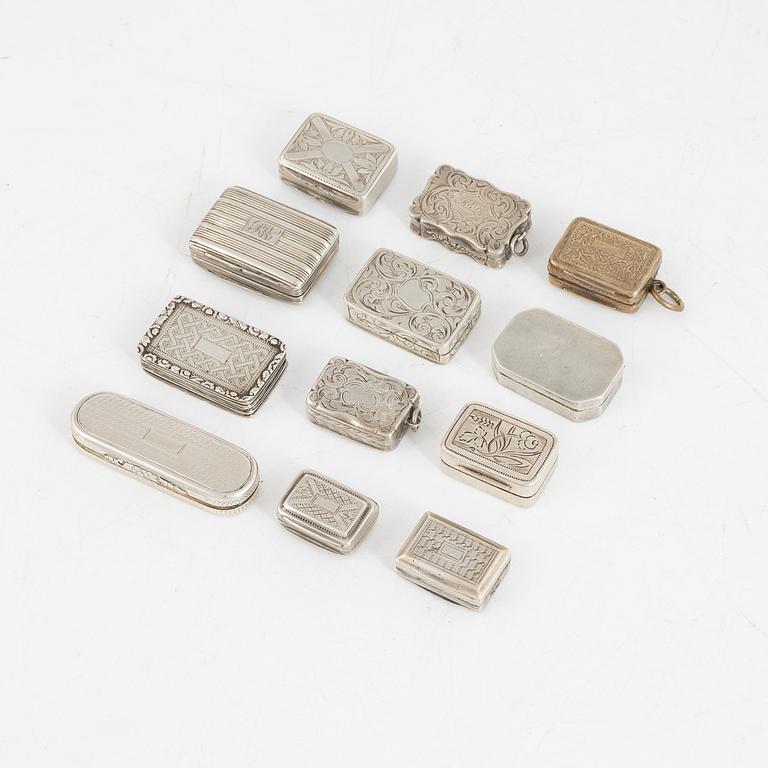 Boxes, 12 pcs, silver, miniature size, England, 19th Century.