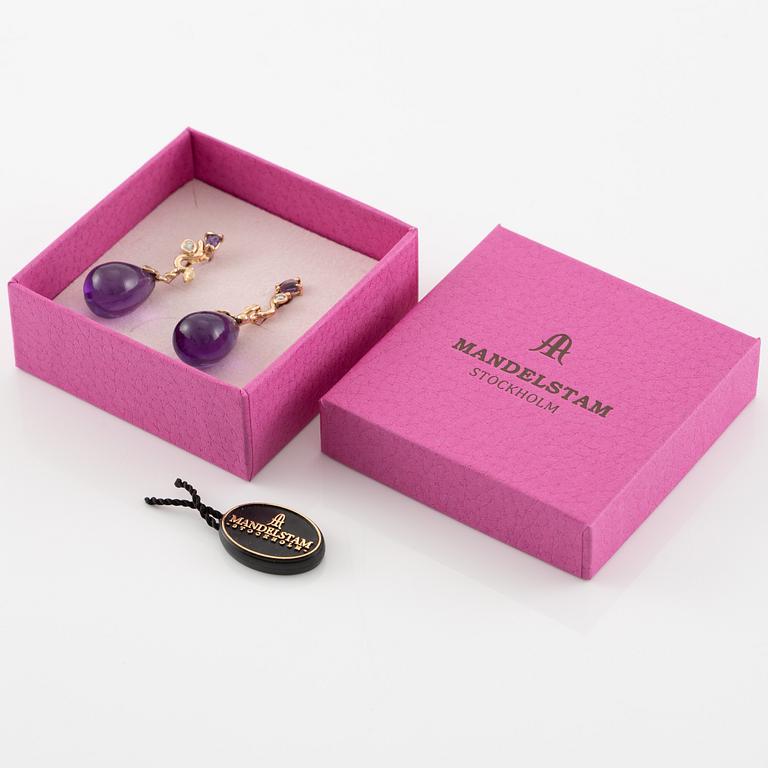 Earrings, Mandelstam, 18K gold with cabochon-cut amethysts, drop-cut amethysts, and brilliant-cut diamonds.