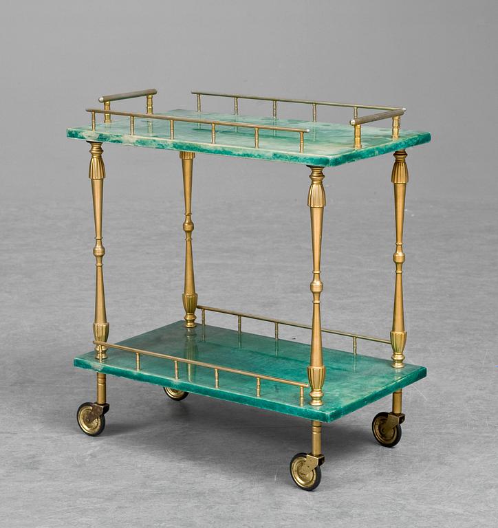 An Aldo Tura tea cart, Italy 1950-60's. Lacquered goatskin and yellowplated metal. Label marked.