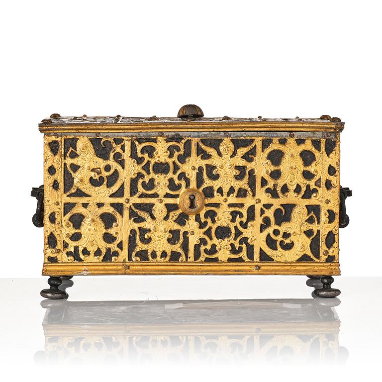 The Wrangel strongbox, a German wrought iron and steel engraved strongbox dated 1658.