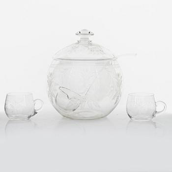 A punch bowl and mugs, glass, mid 20th century.