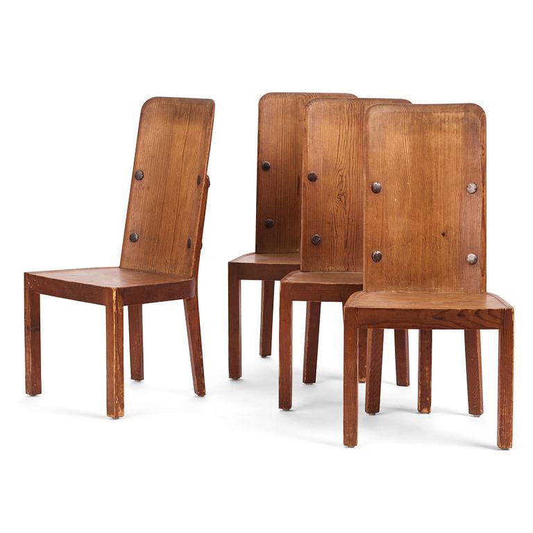 Axel Einar Hjorth, a set of four "Lovö" stained pine chairs, Nordiska Kompaniet 1930s.