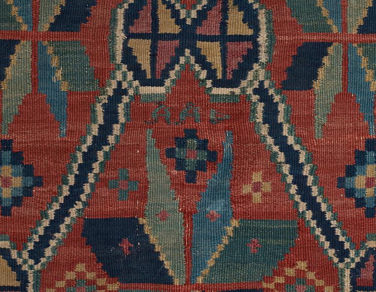 CARRIAGE CUSHION. Rölakan (flat weave). 49,5 x 106 cm. Skåne first half of the 19th century.