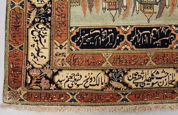 A RUG, a semi-antique/antique Kashan figural, "Motachem", ca 217 x 135 cm (as well as one end with 2,5 cm flat weave).