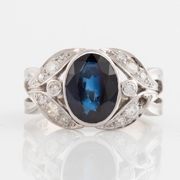 Sapphire and round brilliant cut diamond bracelet, ring and earrings.