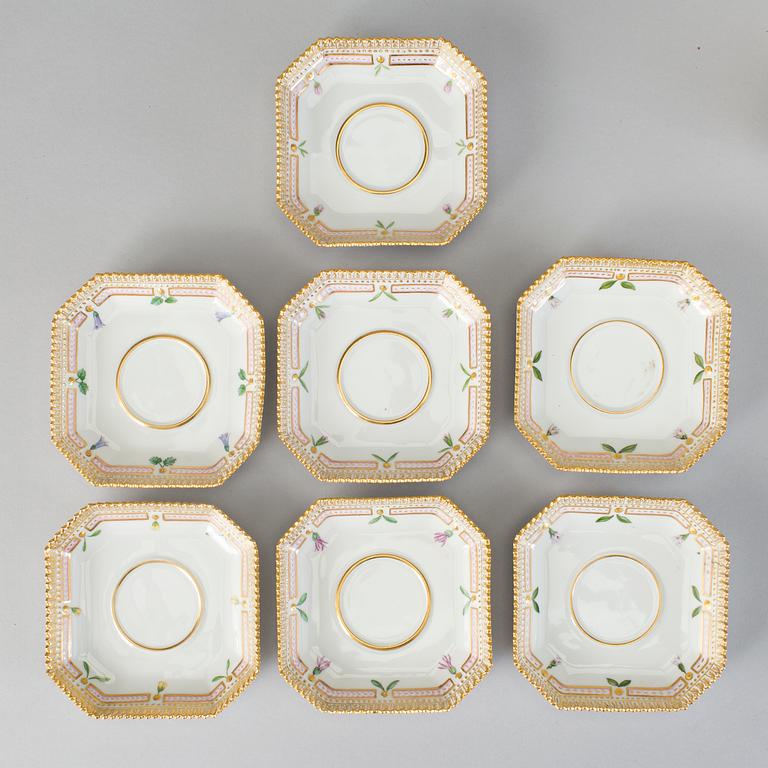 A set of seven Royal Copenhagen 'Flora Danica' custard cups with stands, 20th Century.