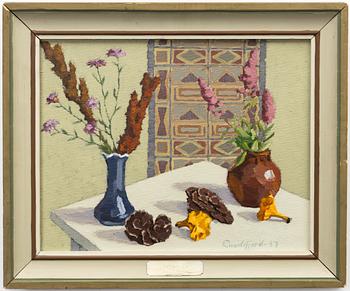 Oscar Luks Lundefjord, Still life with flowers and mushrooms.