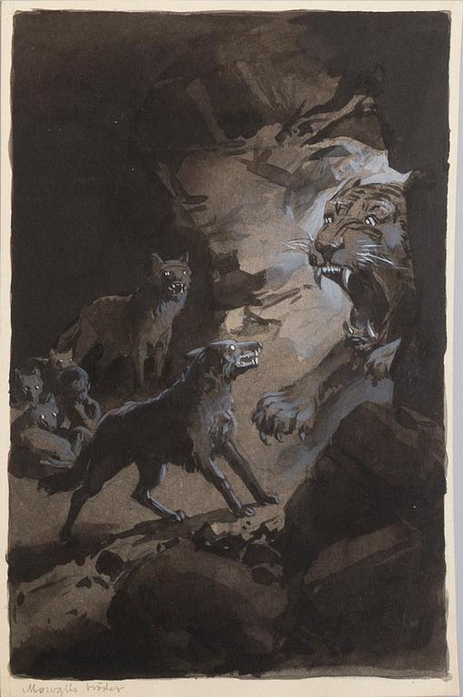 DAVID LJUNGDAHL, eight original ink illustrations from the 1915 edition of 'The Jungle Book' in Swedish.