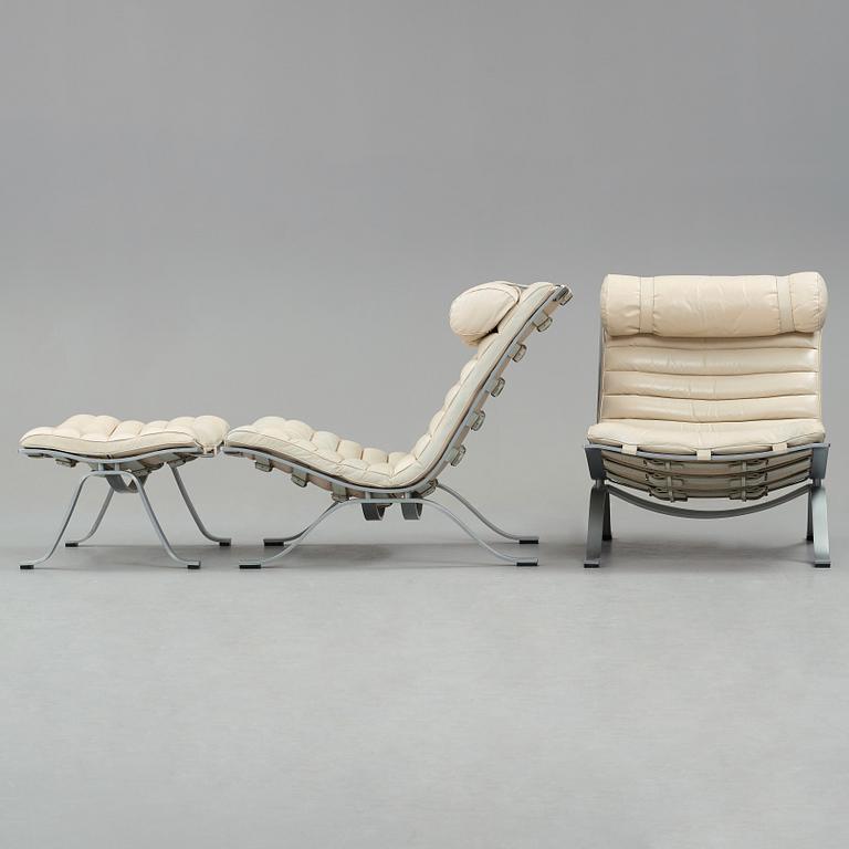 Arne Norell, "Ari", a pair of white leather easy chairs and one ottoman for Norell Möbel AB, Sweden.
