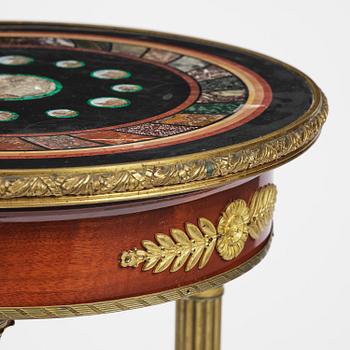 An Empire-style mahogany table with a pietre dure, micromosaic and specimen marble top, mid 19th century.