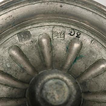A pair of Gustavian pewter candlesticks by P. Gillman, Stockholm 1786.